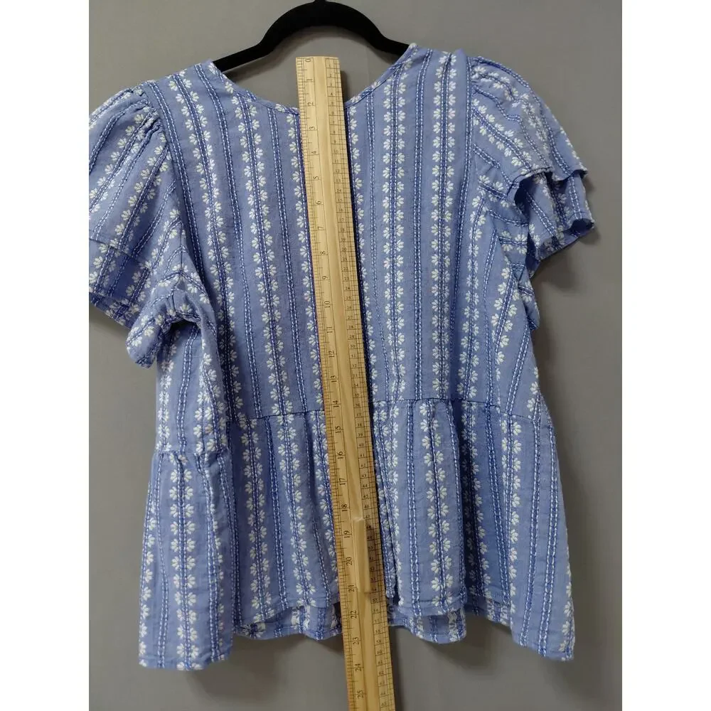 Loft Blue Striped Peplum Top Women Size L